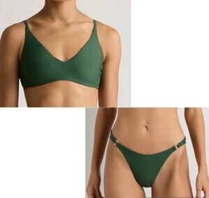 Quince NWT Italian V-Neck Bikini Top and Gold Ring High-Leg Bottom Small Green